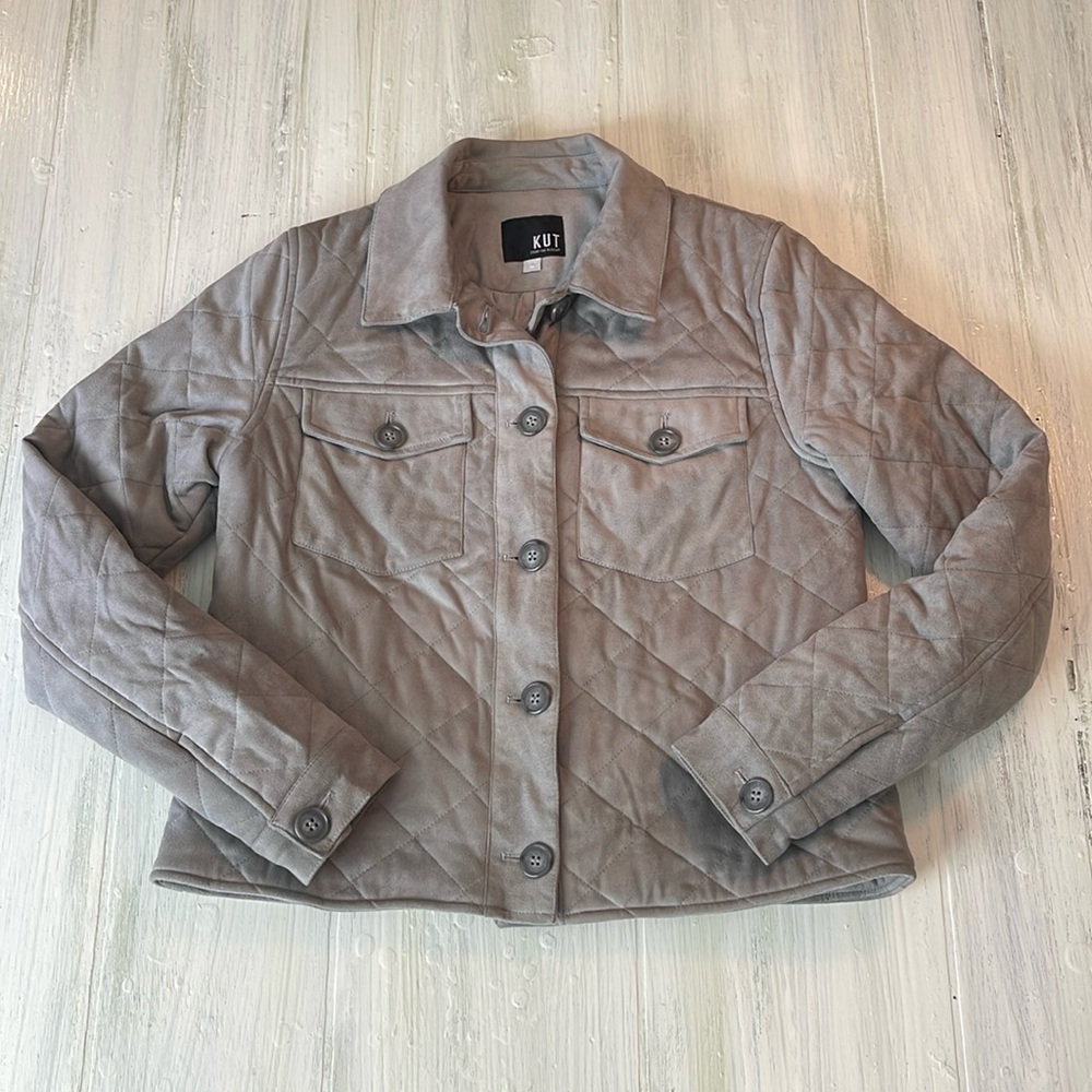 Kut From The Kloth Eleanor Gray Faux Suede Quilted Jacket Sz M - Picture 2 of 12